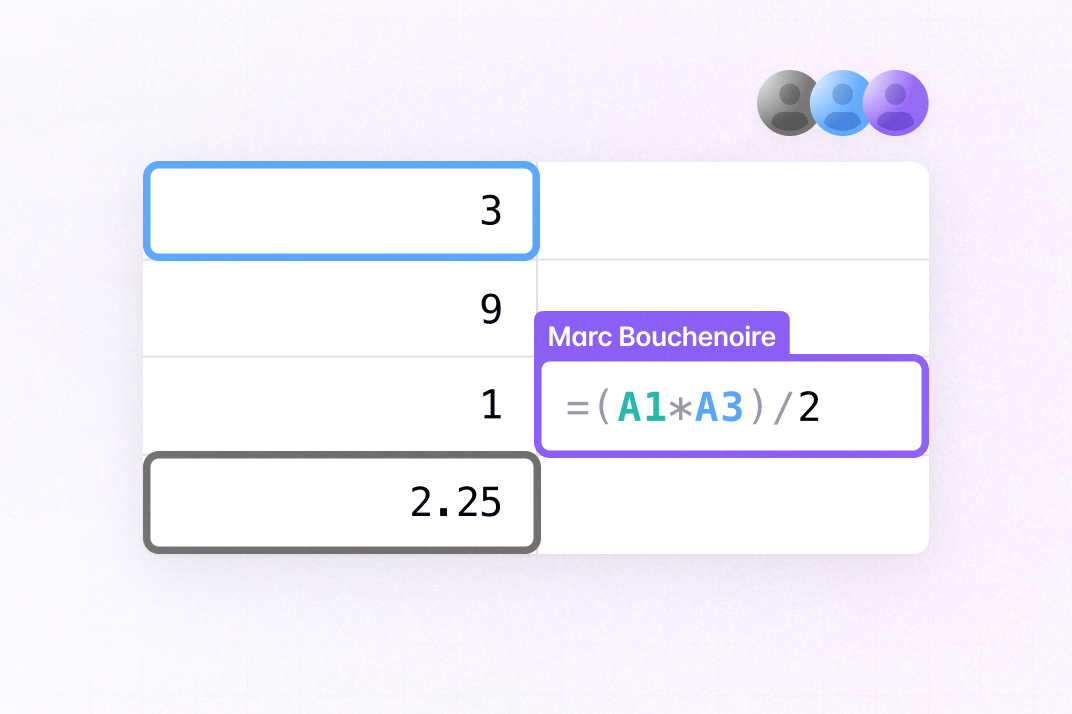 Multiplayer spreadsheet editing with Liveblocks: several users editing the same grid with colored selection cursors