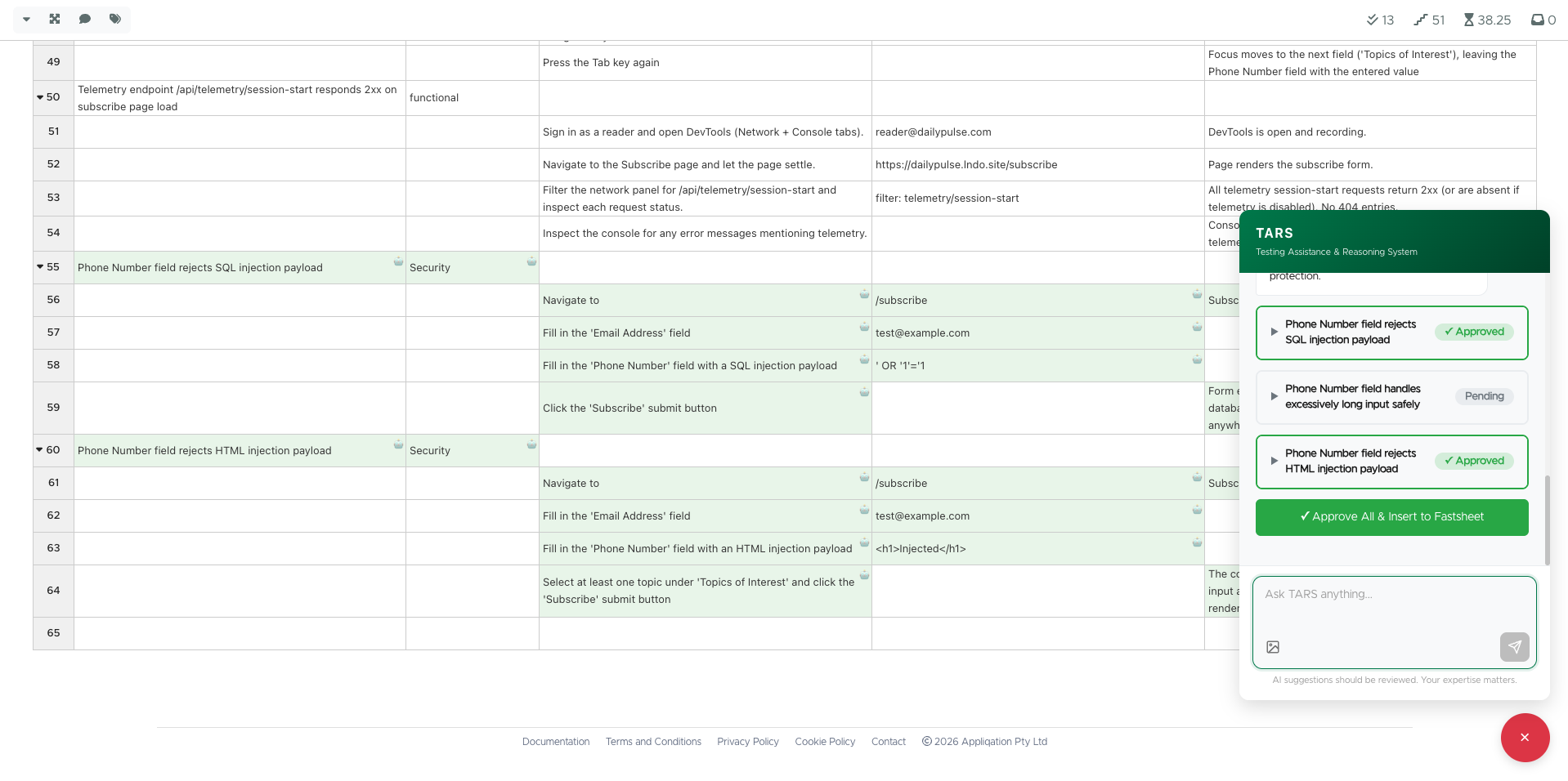 The FastSheet authoring grid showing a test case and its steps in a spreadsheet-style layout