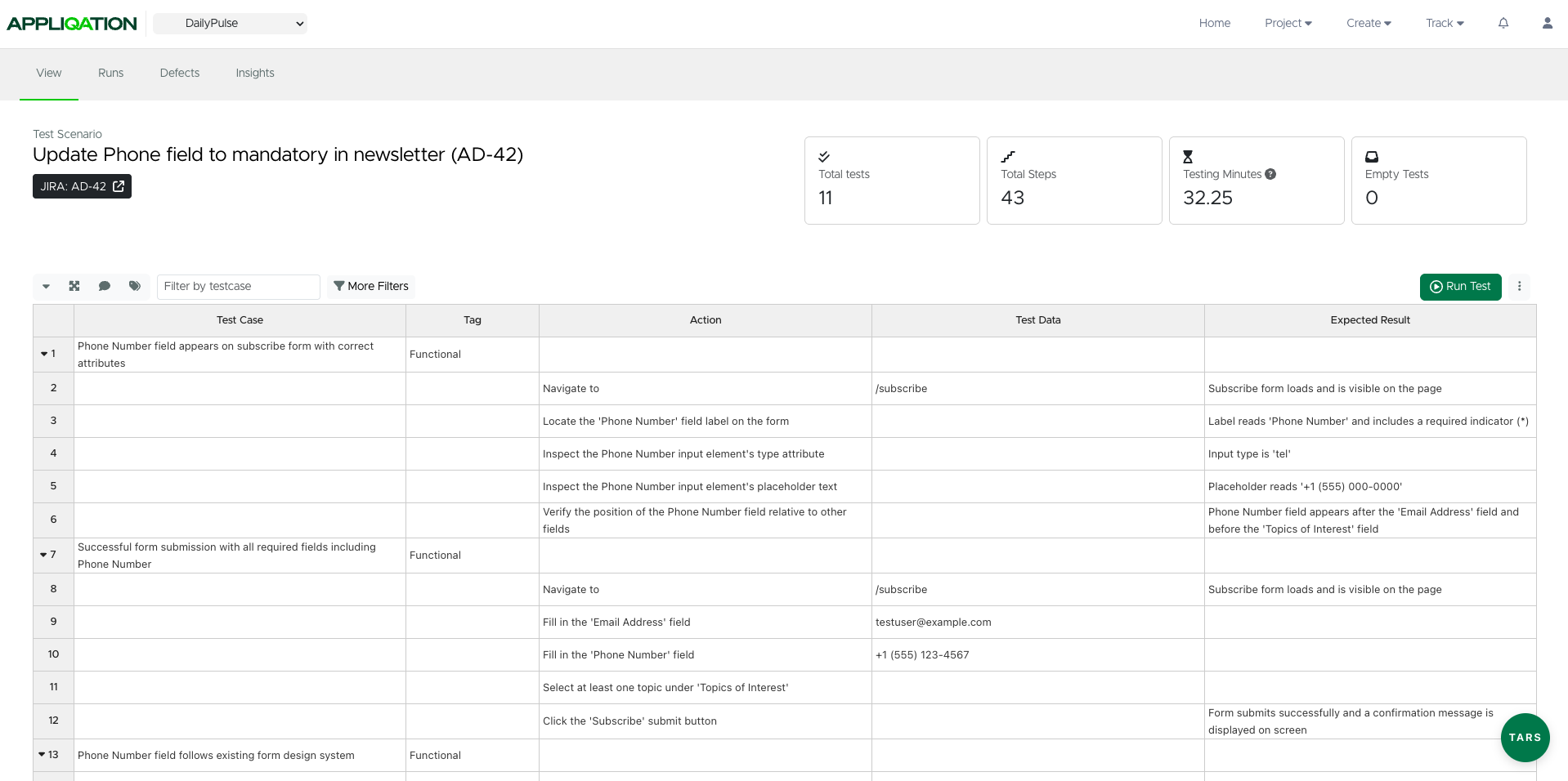 The AI assistant panel where a tester reviews and approves generated test cases