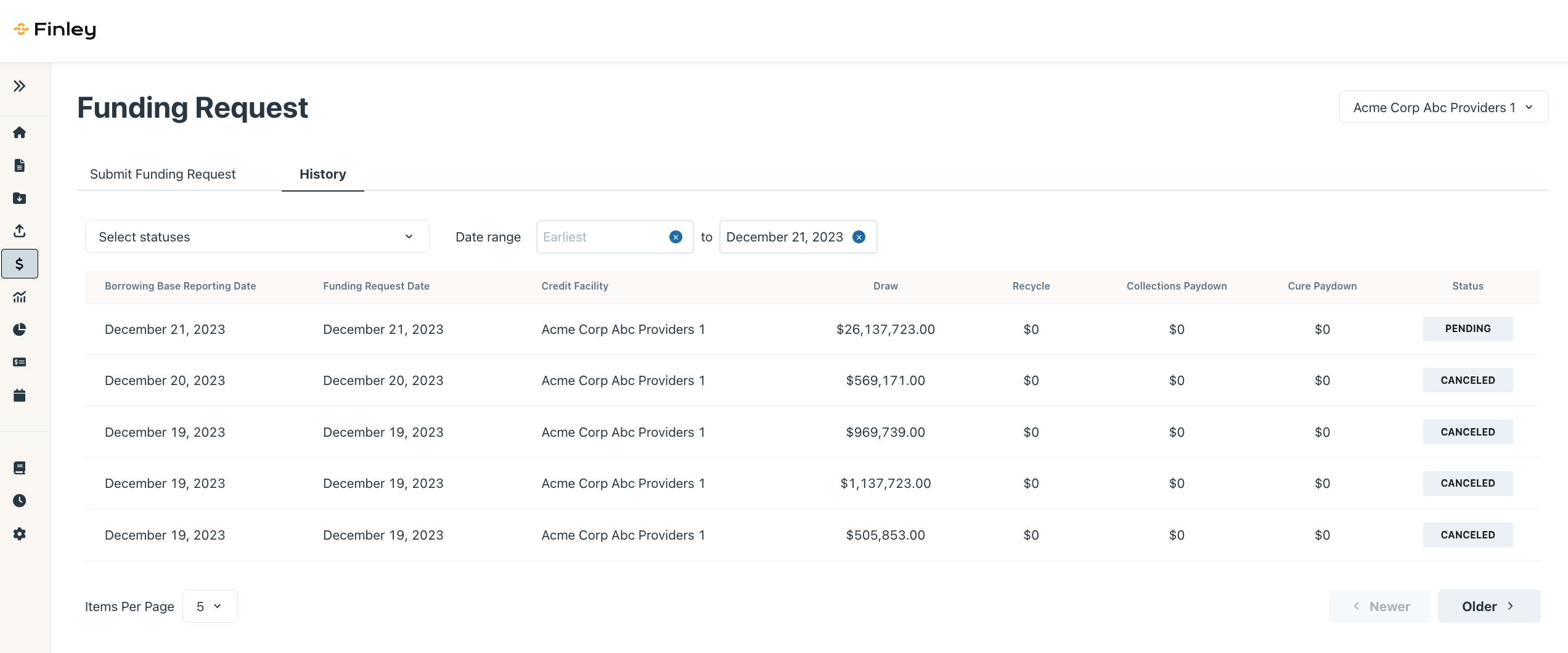 Funding request page